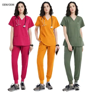 Female Comfortable high quality professions polyester rayon spandex oil green three pockets v neck women nurse scrub top