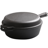 Poêle à frire en fonte à double usage, fond plat, pour steak, usage domestique, sans revêtement, épaissie et profonde, avec deux poignées, faitout avec couvercle