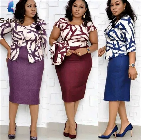 Size 42-50 Plus size african woman Clothes 2 Pieces Office Ladies Casual Floral Midi Dresses Wholesale China