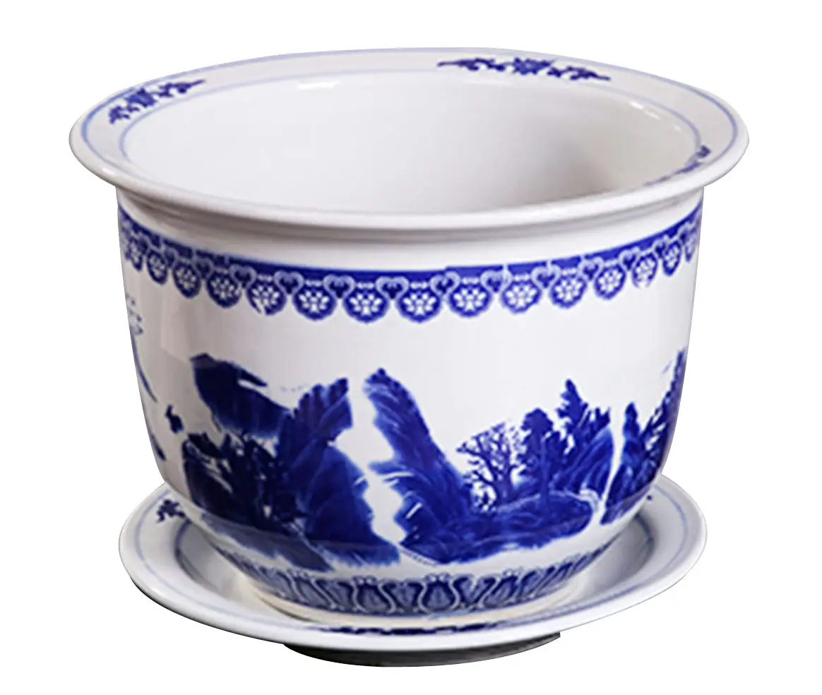 jingdezhen ديكورات المنزل السيراميك مصنع الصين المخصص المناظر الطبيعية الأزرق والأبيض الديكورات الغرف المغلقة العشب حديقة الوعاء