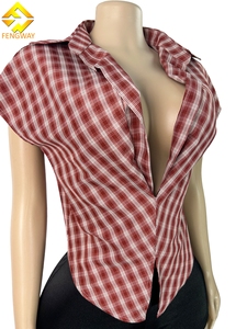 Nuova <span class=keywords><strong>Moda</strong></span> 2025: Top Corto da <span class=keywords><strong>Donna</strong></span> Senza Maniche con Colletto a Quadri, Scollo Profondo a V e Vita Stretta - Product Image 2