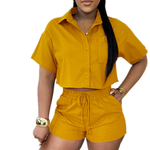 Ropa de talla grande informal de verano para mujer, conjunto de camisas y pantalones cortos de manga corta sólida, conjunto de ropa de mujer de dos piezas - Product Image 4
