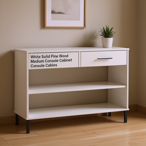 Mobiletto Consolle Medio in Legno di Pino Bianco Massiccio con Cassetto e Ripiani per Arredamento Soggiorno - Product Image 2