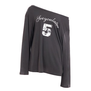 Camiseta de Mujer con Estampado Gráfico, Estilo Urbano, Tejido Holgado, Impresión Digital, Manga Larga, Cuello Asimétrico, Color Sólido - Product Image 6