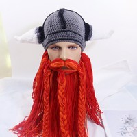 Chapeau drôle de Viking avec barbe et cornes, bonnet tricoté WJI09, masque de casque de guerrier barbare, bonnet chaud d'hiver pour hommes, fête, carnaval, cosplay