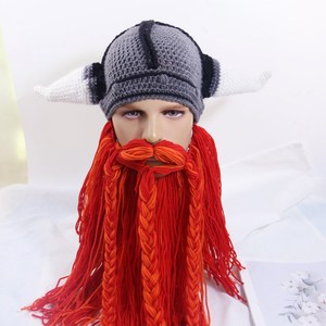 Chapeau drôle de Viking avec barbe et cornes, bonnet tricoté WJI09, masque de casque de guerrier barbare, bonnet chaud d'hiver pour hommes, fête, carnaval, cosplay - Product Image 3