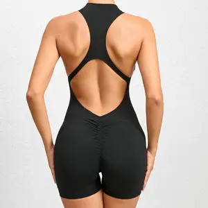 Hot Sale 1 Piece Women Front Zipper Backless Sexy Romper Yoga Wear Clothing Active Wear Fitness Scrunch Butt Jumpsuit