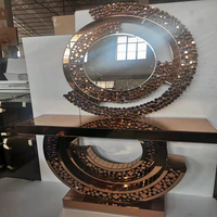 Table console moderne en marbre italien de luxe, bois, or, acier inoxydable, miroir, entrée, couloir