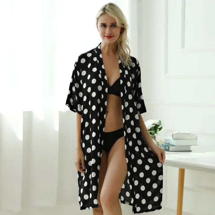 Mid-Lengte Katoen Gedrukt Pyjama Stippen Schattige Pyjama V-hals Plus Size Badjassen Katoen Kimono Gewaad Homewear Nightgowns