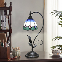   Abat-jour en verre teinté artisanal moderne bleu à petites fleurs, lampe de bureau LED AC E26 pour la lecture à domicile, cadeaux de Noël