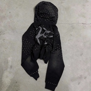 Streetwear Drop Shoulder Distressed <b>Hoodie</b> Patchwork Embroidery <b>Hoodie</b> Manufacturer Acid Wash Oversized Rhinestone <b>Zip</b> <b>Up</b> <b>Hoodie</b> - Product Image 3