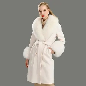 Европейское длинное кашемировое пальто ручной работы с воротником из натурального Лисьего меха, дизайнерское приталенное пальто из кашемира, зимнее женское модное шерстяное пальто