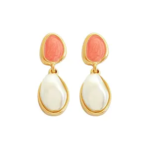 Luxury custom jewelry pink enamel earrings drop pearl geometric fashion 18k gold plated stud earrings for women