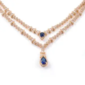 Vintage European Royal Jewels Moissanite & Sapphire Pendant 925 Sterling Silver Natural Diamond 14K Gold Necklace