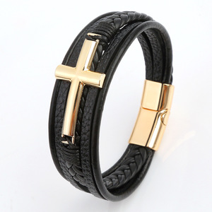 Pulsera Geométrica de Hierro Más Vendida con Piedra Natural y Accesorios de Cruz de Aleación, Estilo Pañuelo de Hombre Tejido a Mano - Product Image 5