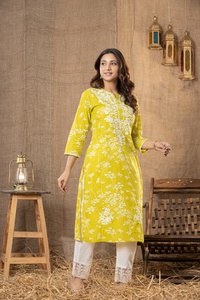 Conjunto de Kurti y Pantalón Chikankari Lucknowi Indio para Mujer en Hermosos Colores, Traje de Kurta de Algodón Lucknowi Listo para Usar - Product Image 2