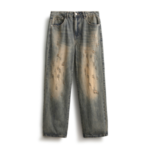 Vintage Distress Stone Wash Blue Straight Jeans Herren High Street Fashion Baggy <span class=keywords><strong>Denim</strong></span> Jeans Benutzer definierte Herren Whisker Designer Jeans