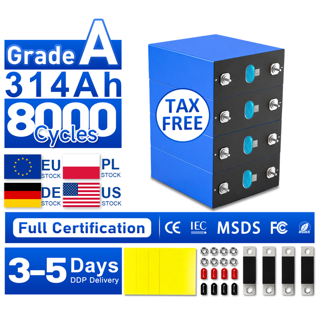 EU Stock EV314Ah Grade LiFePO4 Battery Cell 3.2V 8000 Cycles 0.25m Internal Resistance for Solar DIY 48V Tax-Free Fast