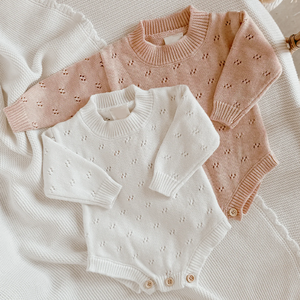 Pointelle Romper rajut, Sweater Romper lengan panjang leher Crew untuk bayi baru lahir - Product Image 2