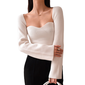 Maglione di lana lavorato a <span class=keywords><strong>maglia</strong></span> a coste bianche di lusso personalizzato maglione Sexy a maniche lunghe con colletto quadrato lavorato a <span class=keywords><strong>maglia</strong></span> maglione <span class=keywords><strong>elegante</strong></span> - Product Image 1