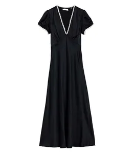 Yeni moda özel toptan yüksek belli yarık etek Polyester v yaka düz renk kısa kollu elbise