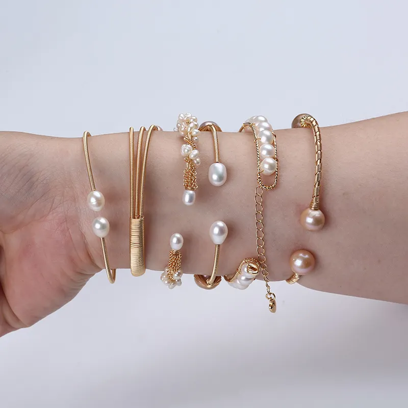 Gold Plated Copper Cuff Bangle Open Adjustable Freshwater Pearl Bracelet