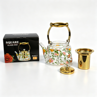 Théière en verre borosilicate à imprimé floral avec poignée dorée et infuseur en acier inoxydable 304 MH-11
