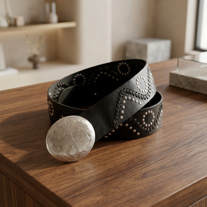 Ceintures tressées en cuir véritable 100% faites à la main, modèle 10 avec conchos argentés, style classique, unisexe, marron noir, design tissé - Product Image 1