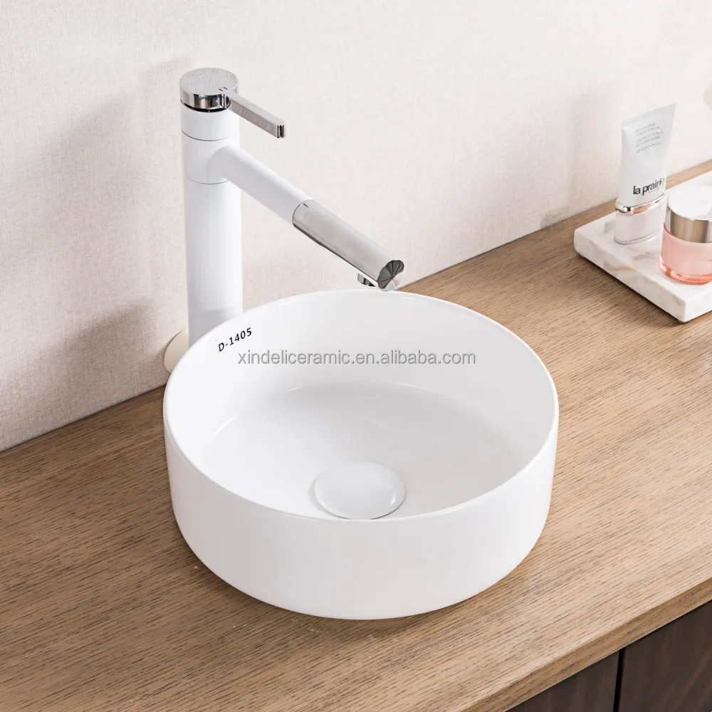 豪華な白い固体表面小さな丸いバスルームシンクラバボテーブルトップ洗面所用アート洗面器