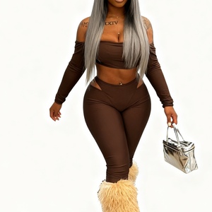 เสื้อครอปแขนยาวเปิดไหล่สำหรับผู้หญิงและกางเกงสกินนี่ผูกเชือกชุดแฟชั่น 2 ชิ้น - Product Image 3