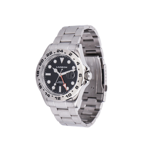 LADEON Schwarzes Zifferblatt Edelstahl uhr für Mann Datums anzeige Zeiger GMT die Uhr Mit Leucht funktion Quarzuhr - Product Image 2