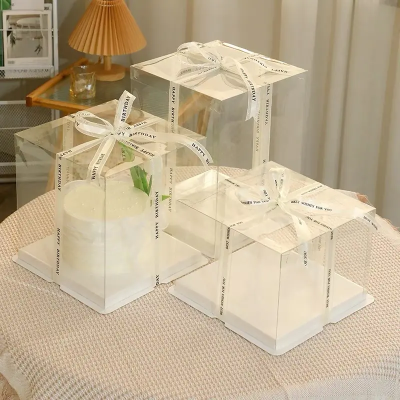 Custom Wholesale Tall Transparent Plastic Clear Cake Packaging Box Square Bakery Cake Box With Ribbon