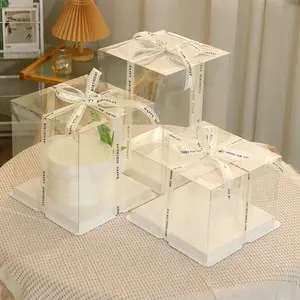 Individuelle großhandel hohe transparente durchsichtige tortenverpackungsbox aus kunststoff quadratische bäckerei-tortenbox mit band