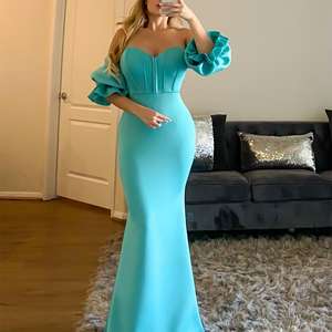 Nouvelle Conception <span class=keywords><strong>Robe</strong></span> de Soirée Sexy Épaules Dénudées Longue à Manches Volants Plissée Chic - Product Image 4