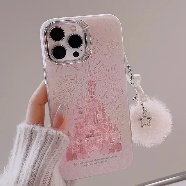 Pink Shiny Blingbling Laser Plush Phone Case for iPhone 15 Plus Promax 13 Pro Max Cute Castle Design Firework Electroplate PC
