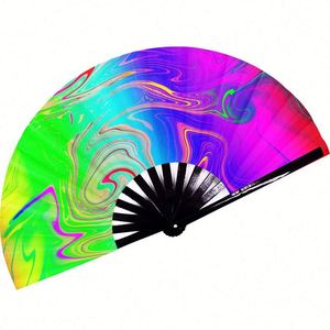Custom Printed Rainbow Large Bamboo Rave Clack <b>Hand</b> Fan Bulk Festivals Pride Folding Shade Fabric Clap Foldable KUNG FU Fan - Product Image 4