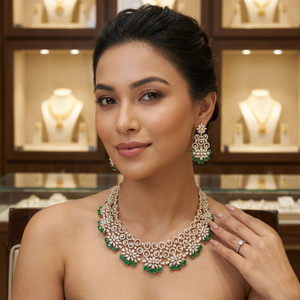 สร้อยคอชุบทองเหลืองประดับมรกตสีเขียวและเพชรคิวบิกเซอร์โคเนียแบบอเมริกัน เครื่องประดับเจ้าสาวแบบหนัก - Product Image 1