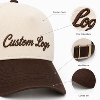 Casquette de baseball vintage à deux tons avec logo personnalisé, crème et marron chocolat, boucle en métal doré brodée, sangle réglable, unisexe