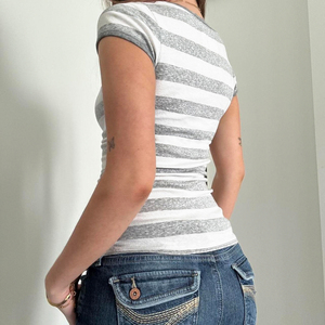 Vintage Striped Print Breathable Women's Short Sleeve T-Shirt Summer High Quality New Arrival V-Neck <b>Tie</b> Front Casual - Product Image 5