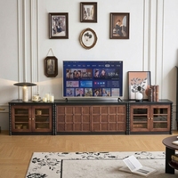 Meuble TV de luxe en bois massif, style vintage français et moderne du milieu du siècle, console multimédia en noyer foncé avec portes vitrées et tiges décoratives pour salon