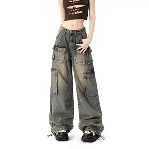 Hot Selling Baggy Cargo Pants For Woman With Dirty Used Loose Fit Denim Pants Woman Jeans Factory Customized Design