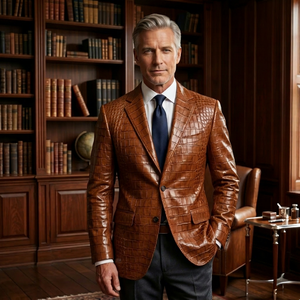 Handmade Finished Men's Cognac Embossed Cow Skin <b>Leather</b> Zipper Vintage Winter <b>Blazer</b> | Luxury Custom Tailored Suit <b>Jacket</b> - Product Image 1