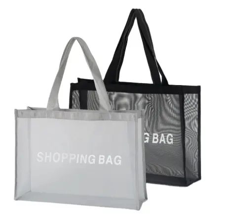 Borsa per la spesa in rete di nylon di lusso di grandi dimensioni con logo personalizzato per la borsa da spiaggia in rete di nylon del negozio di vestiti di marca