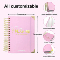 Carnet Spirale d'Organisateur Quotidien, Hebdomadaire et Mensuel A5 à Couverture Rigide Rose avec Impression Personnalisée