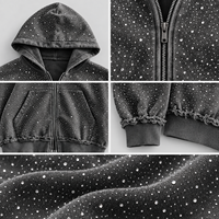 Sweat à capuche zippé surdimensionné personnalisé pour homme, gris délavé, style streetwear, ourlet vieilli, avec strass
