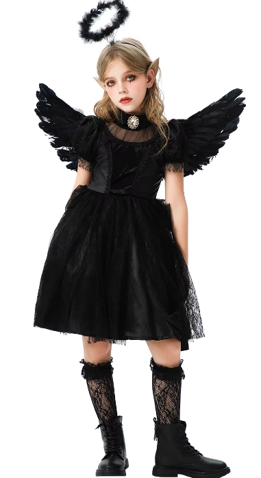 Dress + angel circle + wings + black socks