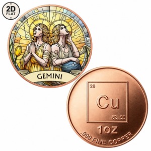 Moneta in Rame Puro 999 da 1 Oz con Stampa 2D a Colori Personalizzata, Zodiaco Gemelli, Design Artistico in Vetro Colorato - Product Image 1