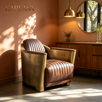 Fauteuil vintage aviateur avec accents de rivets métalliques, style industriel rétro, en cuir véritable, pour salon, bureau ou hôtel