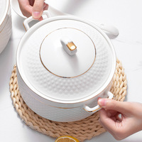 Offre Spéciale – Pot à Soupe en Céramique de Luxe Doré à Double Anse avec Couvercle – Petit Pot en Céramique pour Servir – Vente en Gros