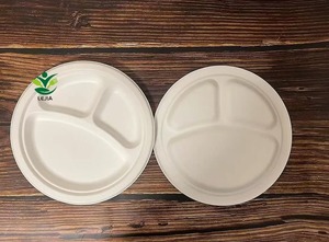Dapat disesuaikan Sugarcane 10 inci wadah makanan putih bulat sekali pakai 3 kompartemen 100% piring & Piring yang dapat dikompos